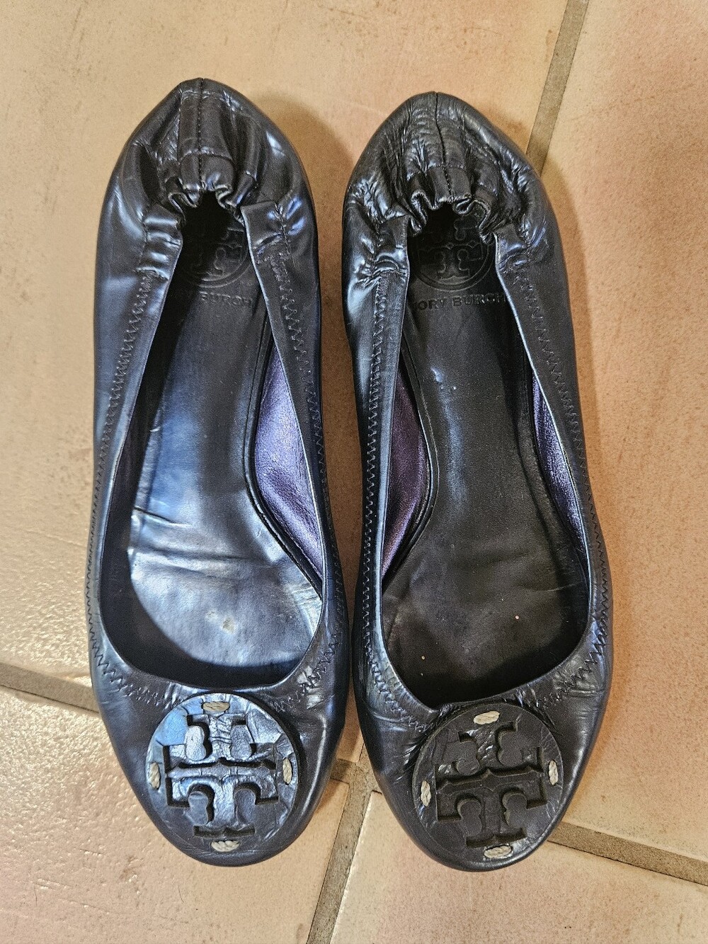 Tory Burch Metallic Blue Leather Reva Ballet Flats